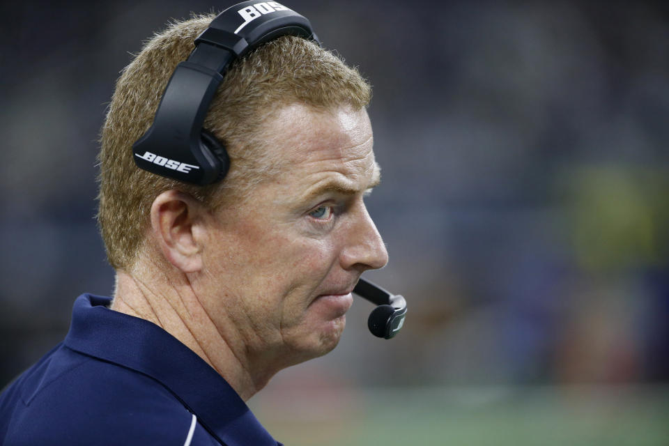 Dallas Cowboys coach Jason Garrett stands on the sideline watching play against the Minnesota Vikings during the first half of an NFL football game in Arlington, Texas, Sunday, Nov. 10, 2019. (AP Photo/Ron Jenkins)