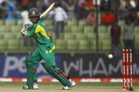 Bangladesh’s Mominul Haque plays a shot during the Asia Cup one-day international cricket tournament against India in Fatullah, near Dhaka, Bangladesh, Wednesday, Feb. 26, 2014. (AP Photo/A.M. Ahad)