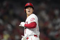 Los Angeles Angels designated hitter Shohei Ohtani (17) reacts after grounding out to first during the fifth inning of a baseball game against the Oakland Athletics in Anaheim, Calif., Tuesday, Sept. 27, 2022. (AP Photo/Ashley Landis)