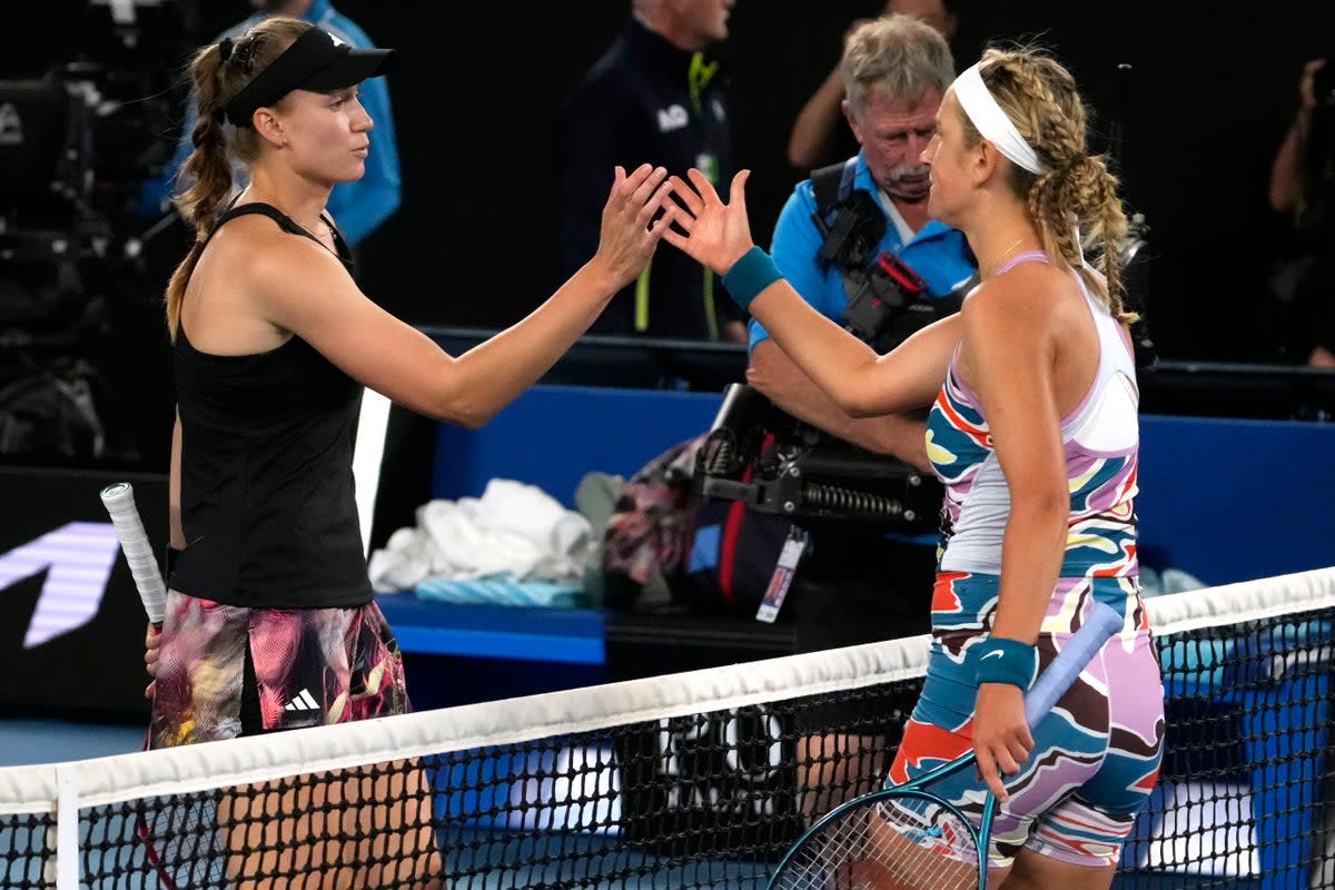 Rybakina, left, is congratulated by Victoria Azarenka after their semi-final (AP)