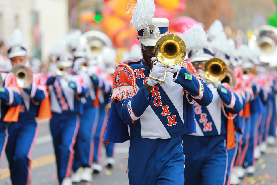 The Morgan State University Magnificent Marching Machine performs the medley of “Everybody Dance” during the 93rd Macy’s Thanksgiving Day Parade. The Magnificent Marching Machine is a band with high-stepping choreography, dynamic arrangements of traditional and popular music, intricate rhythms, a creative flagline and stunning dancers. The band, also known as M3, has performed at the White House, in Chris Rock’s movie Head of State and at many sporting events and band competitions. (Photo: Gordon Donovan/Yahoo News) 