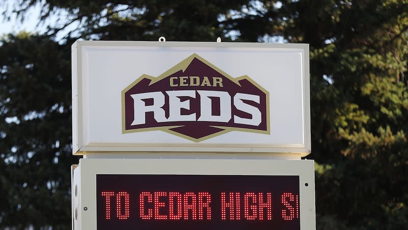 A sign at Cedar High School in Cedar City welcomes visitors on Wednesday, Oct. 21, 2020. Iron County’s school board will ask voters whether to reinstate Cedar High School’s mascot to “Redmen,” just five years after the board voted 3-2 to retire the mascot adopted in the 1940s.