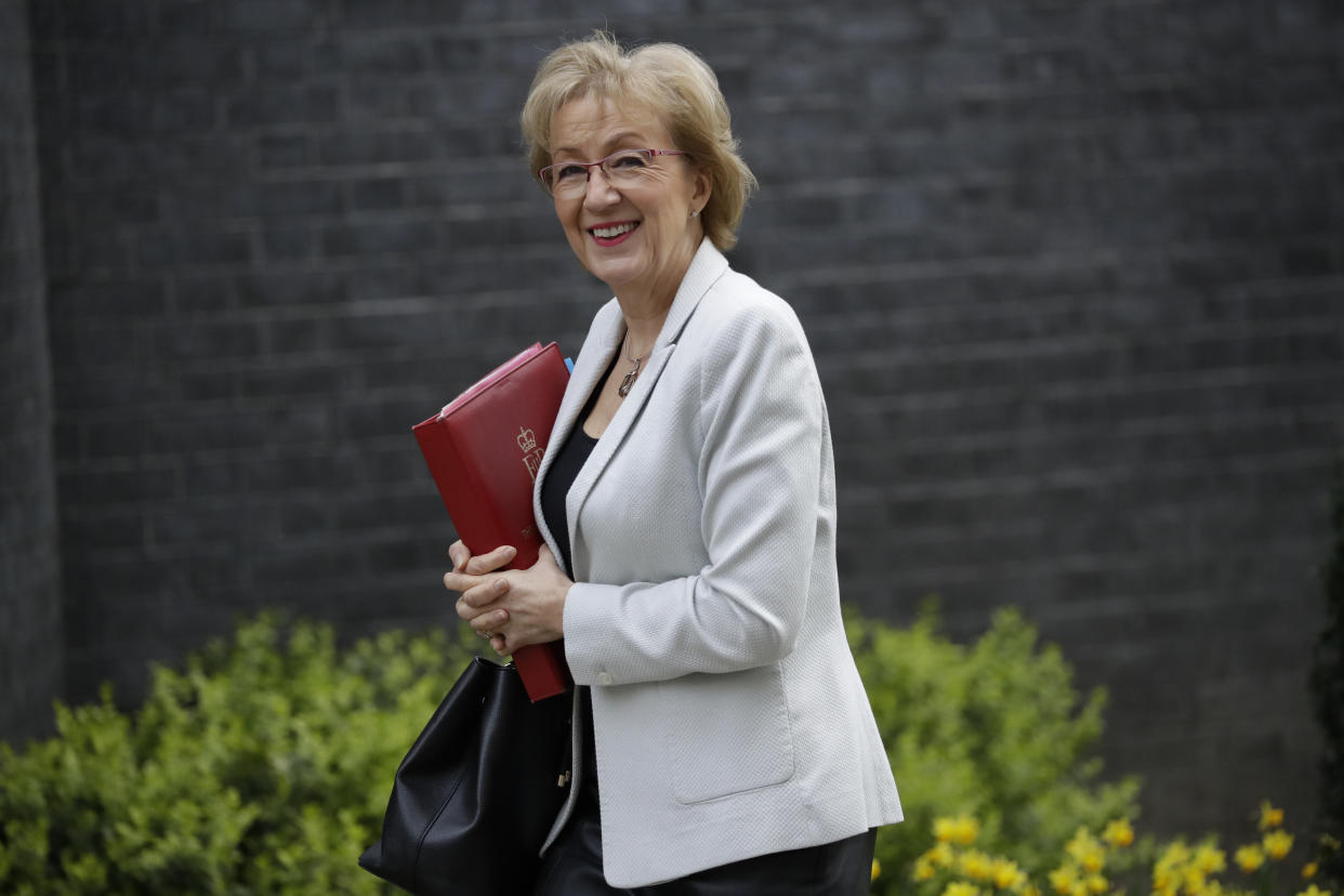 Britain's Andrea Leadsom the Leader of the House of Commons arrives for a cabinet meeting at 10 Downing Street in London, Tuesday, March 26, 2019. (AP Photo/Matt Dunham)