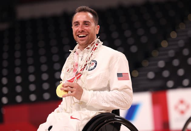 Steve Serio of Team USA celebrates after defeating Team Japan during the men's Wheelchair Basketball gold medal game on Day 12 of the Tokyo 2020 Paralympic Games at Ariake Arena on Sept. 5, 2021.