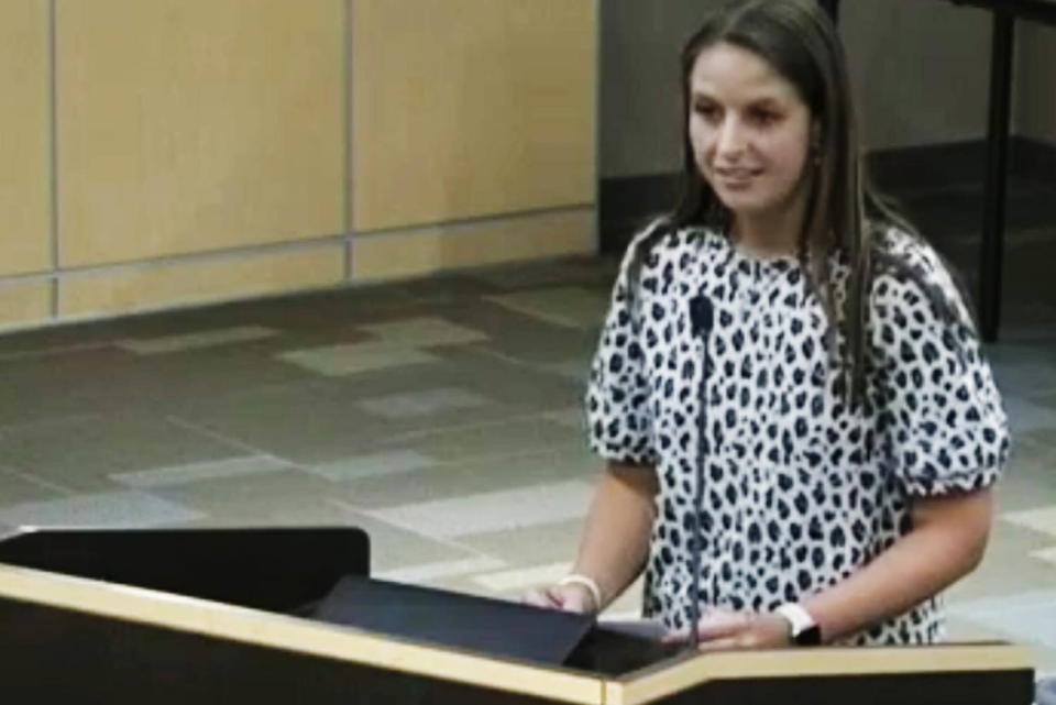 Christina McGuirk speaks at a school board meeting in Southlake, Texas. (Carroll ISD)