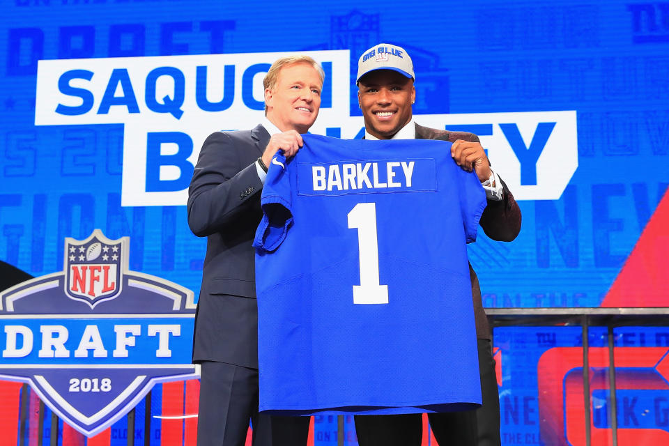 Saquon Barkley’s Giants jersey is in high demand during and after the 2018 NFL draft. (Getty Images)