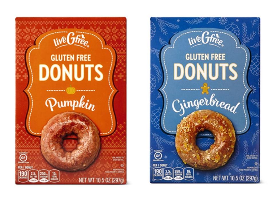 orange and blue packages of Aldi's gluten-free donuts in pumpkin and gingerbread flavors