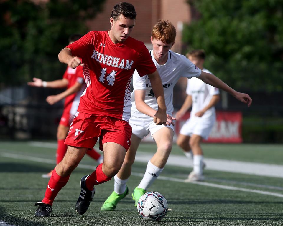 Hingham’s Benjamin Rakauskas looks to maintain possession during first half action of their game against Marshfield at Hingham High on Tuesday, Sept. 13, 2022.