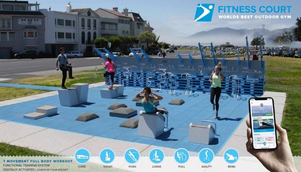 A sample rendering shows what a National Fitness Campaign Fitness Court looks like and how it works. Waukee has a funding plan to build one of the outdoor bodyweight circuit training courts in 2025 at Ridge Pointe Park.