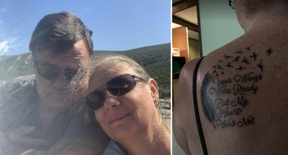 Ms Stewart and her husband (left) and Ms Stewart's tattoo on her back (right).