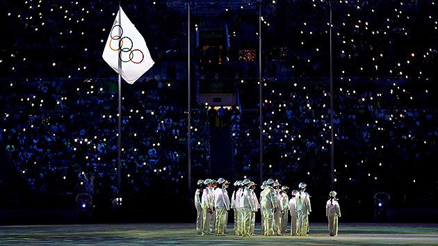 Performers sing on stage during the Closing Ceremony on Day 16 of the Rio 2016 Olympic Games. Pic: Getty