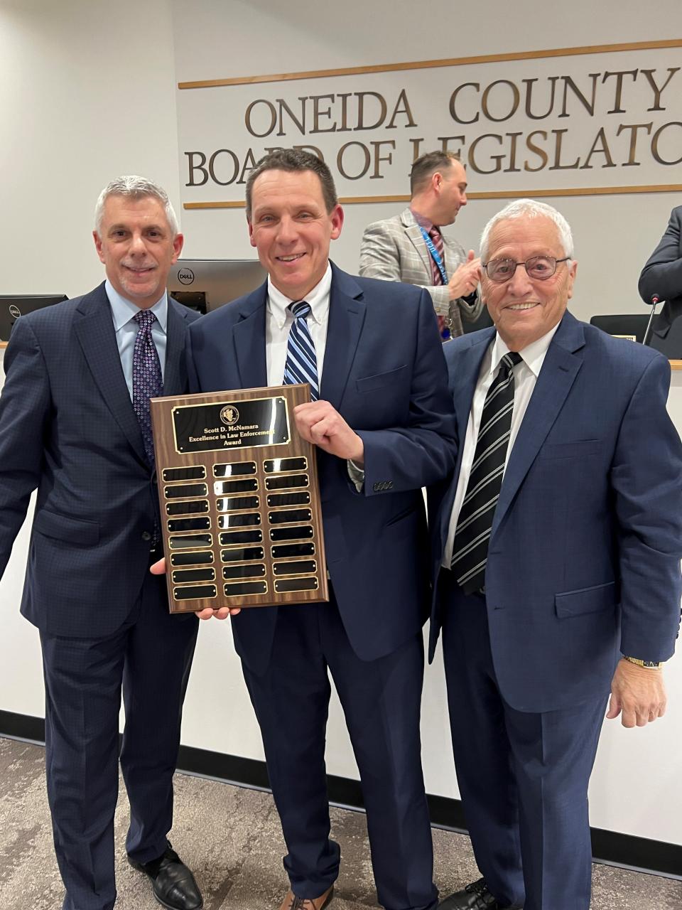 From left, Oneida County Executive Anthony Picente Jr., District Attorney Scott McNamara and Oneida County Board of Legislators Chairman Gerald J. Fiorini at the Wednesday, Dec. 20 Oneida County Board of Legislators meeting.