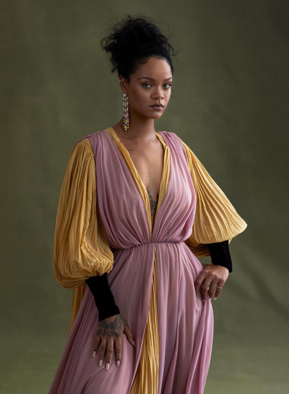 Future Perfect
Rihanna’s decision to be Fenty’s muse, says Dior’s Maria Grazia Chiuri, “speaks to the increasing need for women to be in charge of their appearance, their bodies, and their lives.” Gucci dress and Maria Tash earrings. In this story: hair, Yusef Williams; makeup, Kanako Takase.