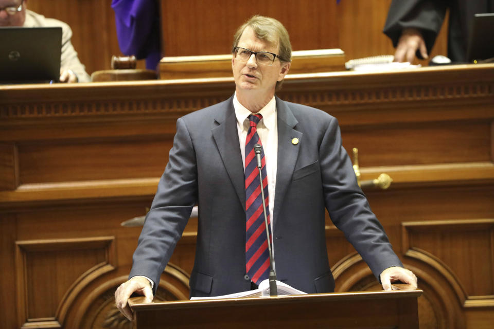 South Carolina Sen. Richard Cash, R-Powdersville, speaks during a debate over transgender athletes playing sports on Tuesday, May 3, 2022, in Columbia, S.C. (AP Photo/Jeffrey Collins)