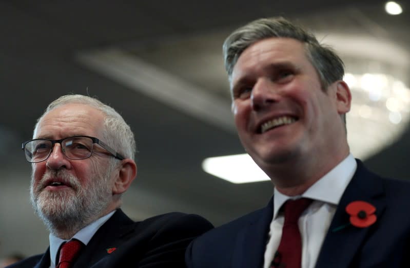 Britain's opposition Labour Party leader Jeremy Corbyn and Shadow Brexit Secretary Keir Starmer attend a general election campaign meeting in Harlow