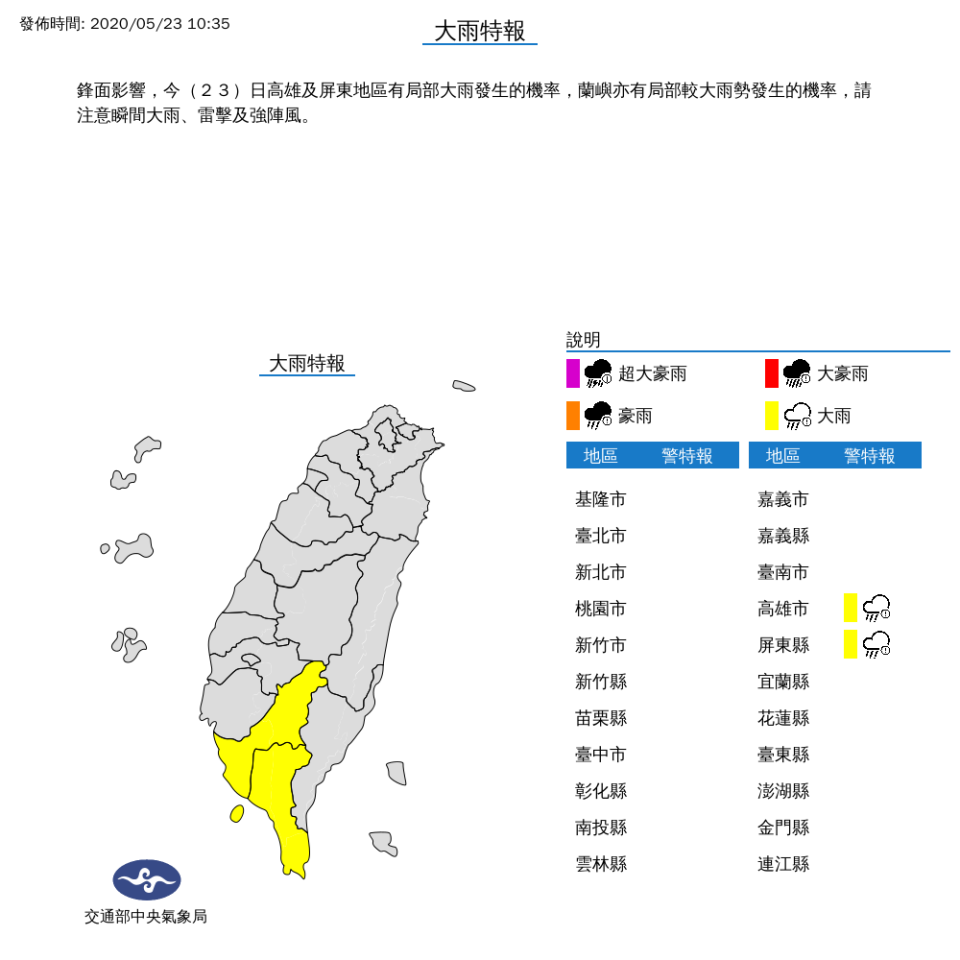 中央氣象局上午10時35分發布大雨特報指出，鋒面影響，今天高雄及屏東地區有局部大雨發生的機率，蘭嶼亦有局部較大雨勢發生的機率，請注意瞬間大雨、雷擊及強陣風。(取自氣象局)