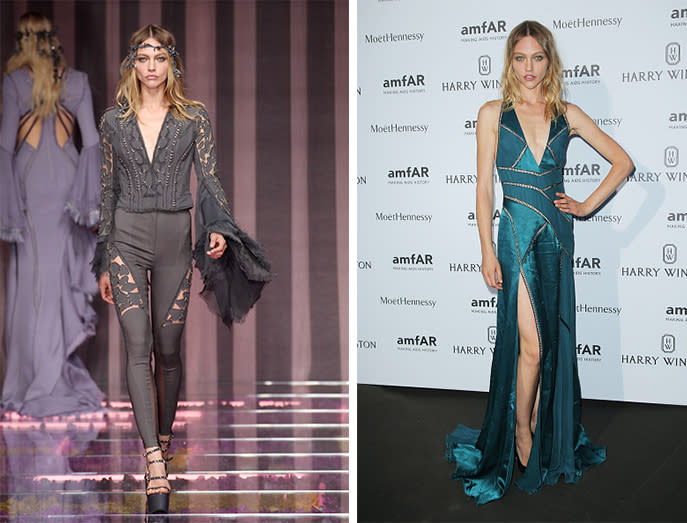 It seems Sasha Pivovarova didn’t think her Atelier Versace pants were appropriate for amfAR, so she changed into a sexy turquoise gown for the charity event.