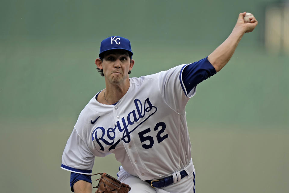 Kansas City Royals starting pitcher Daniel Lynch throws during the first inning of a baseball game against the Detroit Tigers Tuesday, July 18, 2023, in Kansas City, Mo. (AP Photo/Charlie Riedel)