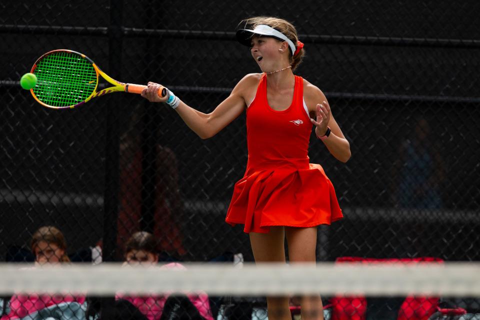 Skyridge’s Bella Lewis competes in the first singles finals against Layton’s Tia Christopulos during the 2023 6A Girls Tennis Championships at Liberty Park Tennis Courts in Salt Lake City on Saturday, Sept. 30, 2023. Lewis won the match. | Megan Nielsen, Deseret News