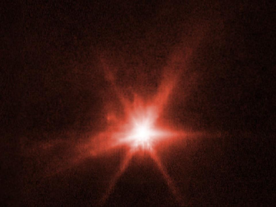 This image from NASA’s James Webb Space Telescope’s Near-Infrared Camera (NIRCam) instrument shows Dimorphos, the asteroid moonlet in the double-asteroid system of Didymos, about 4 hours after NASA’s Double Asteroid Redirection Test (DART) made impact.
