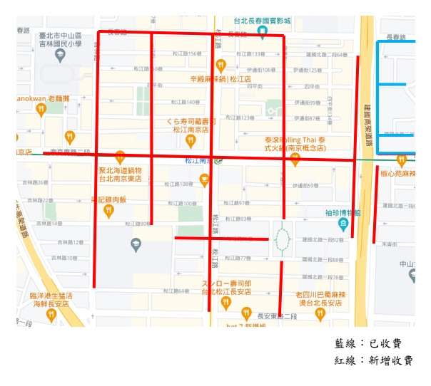 20210826-北市松江南京站周邊新設收費機車停車格示意圖。（台北市停管處提供）