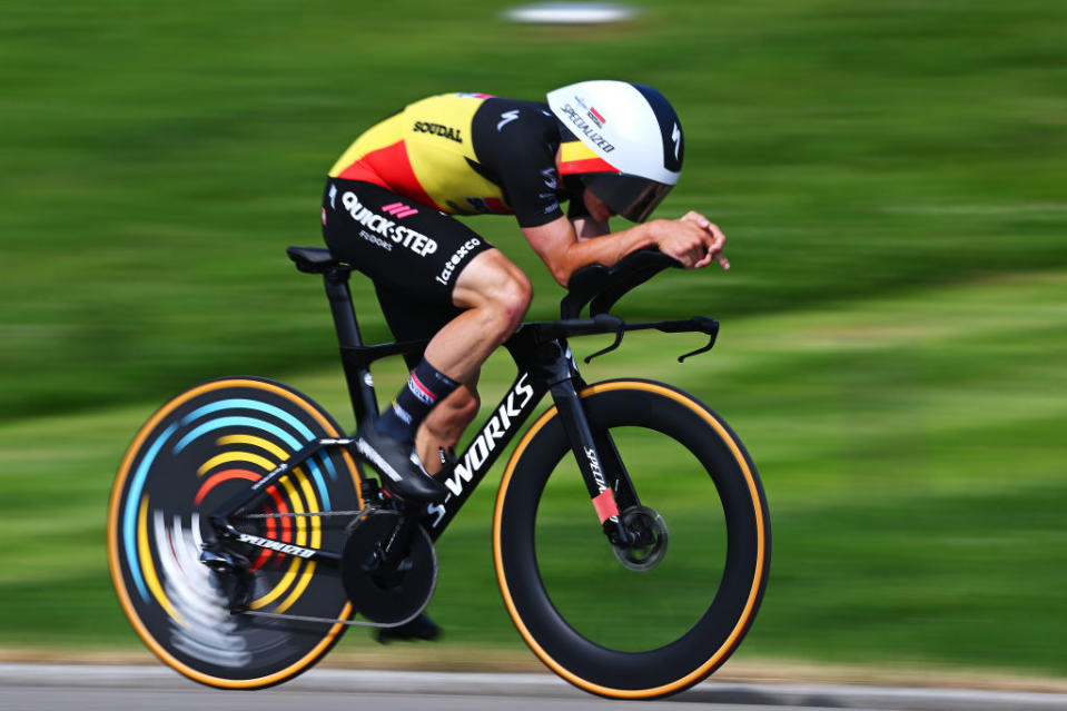 ABTWILL SWITZERLAND  JUNE 18 Remco Evenepoel of Belgium and Team Soudal QuickStep sprints during the 86th Tour de Suisse 2023 Stage 8 a 257km individual time trial from St Gallen to Abtwil  UCIWT  on June 18 2023 in Abtwil Switzerland Photo by Dario BelingheriGetty Images