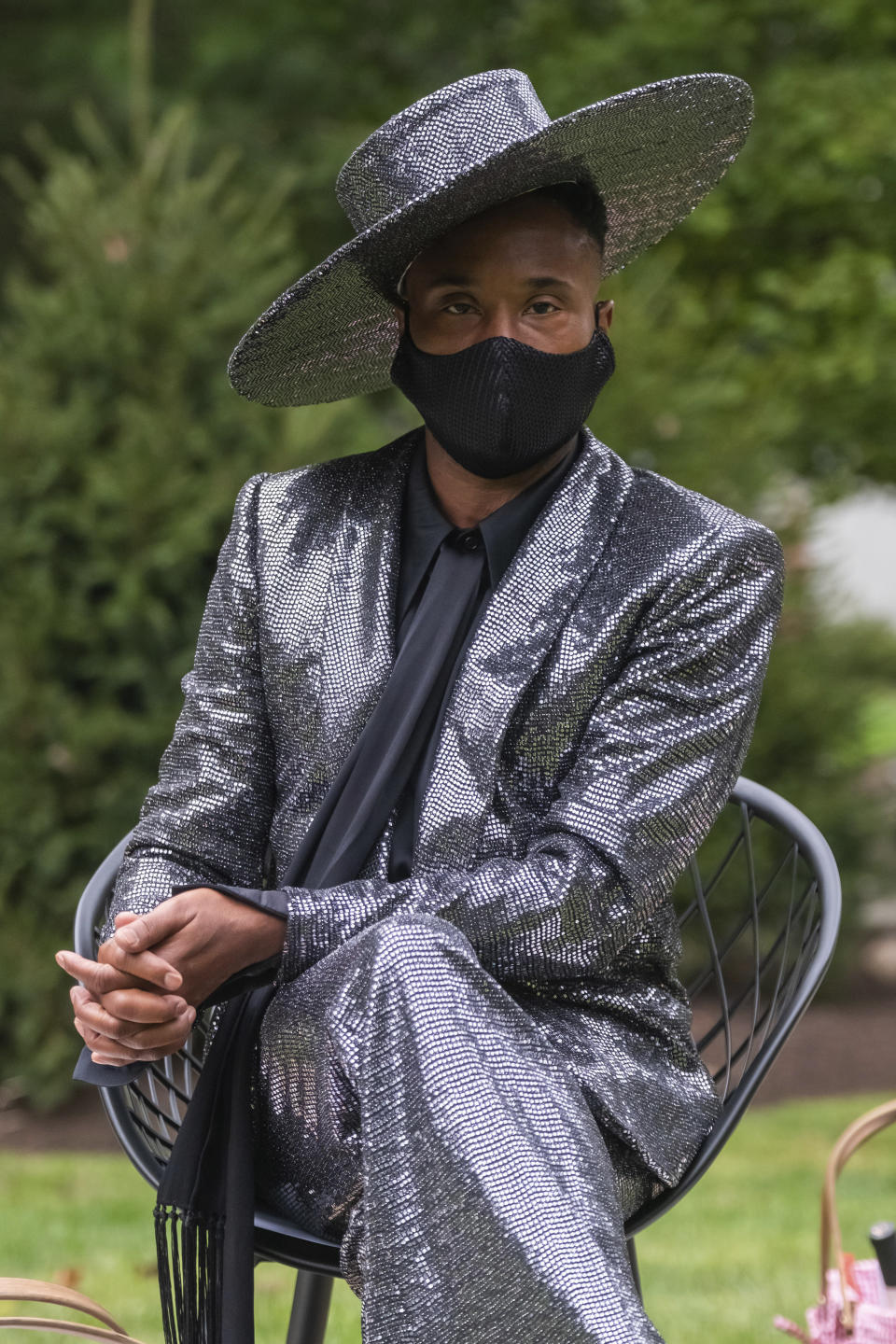 Billy Porter attends the Christian Siriano fashion show held at Christian's home as part of New York Fashion Week on Thursday, Sept. 17, 2020, in Westport, Conn. (Photo by Charles Sykes/Invision/AP)