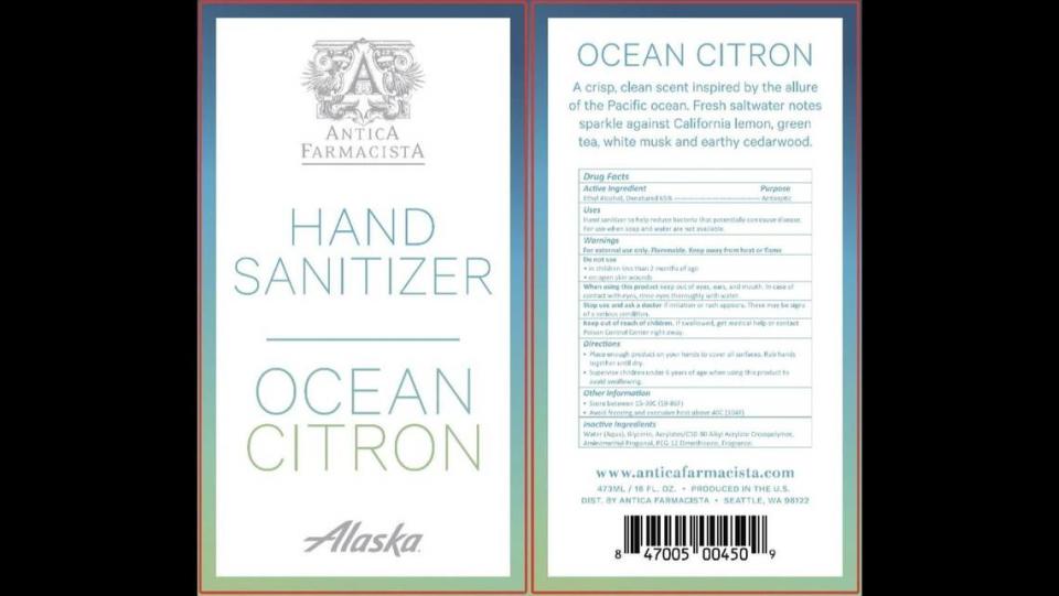 La etiqueta del desinfectante de manos Antica Farmacista parece indicar que está hecho para Alaska Airlines.