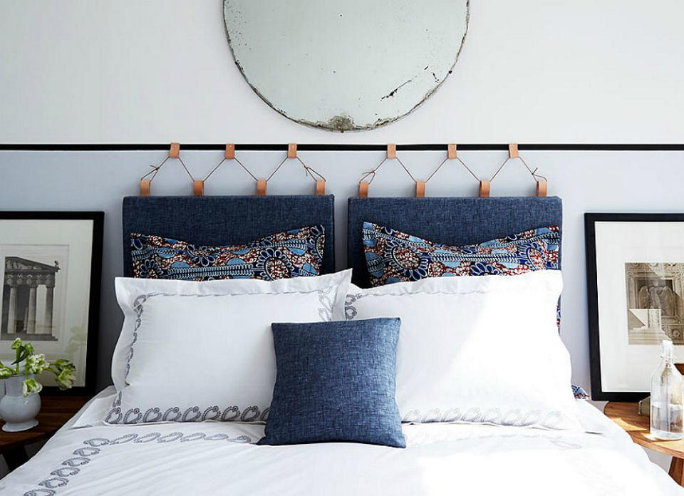 <body> <p>Don't restrict yourself to the standard definition of a headboard! This unique take uses upholstery foam, two sets of stretcher bars, fabric, and leather loops to create a <a rel="nofollow noopener" href=" http://www.bobvila.com/slideshow/10-playful-examples-of-swinging-and-swaying-furniture-47600?bv=yahoo" target="_blank" data-ylk="slk:hanging;elm:context_link;itc:0;sec:content-canvas" class="link ">hanging</a> headboard that showcases multiple colors and textures. This crafter took her display to the next level, incorporating a painting technique on the wall behind the project to create added interest. </p> <p><strong>Related: <a rel="nofollow noopener" href=" http://www.bobvila.com/slideshow/10-things-your-bedroom-might-be-missing-48441?bv=yahoo" target="_blank" data-ylk="slk:10 Things Your Bedroom Might Be Missing;elm:context_link;itc:0;sec:content-canvas" class="link ">10 Things Your Bedroom Might Be Missing</a> </strong> </p> </body>