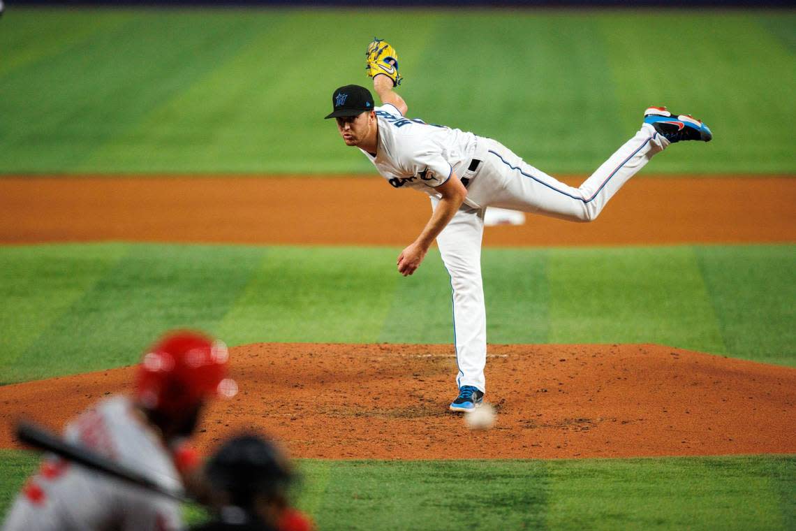 Miami Marlins starting pitcher Trevor Rogers (28) pitches to Los Angeles Angels shortstop Luis Rengifo (2) during the fourth inning of a baseball game at LoanDepot Park on Wednesday, July 6, 2022 in Miami, Florida.