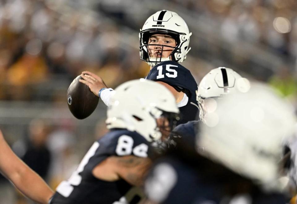 Penn State quarterback Drew Allar makes a pass during the game against West Virginia on Saturday, Sept. 2, 2023.