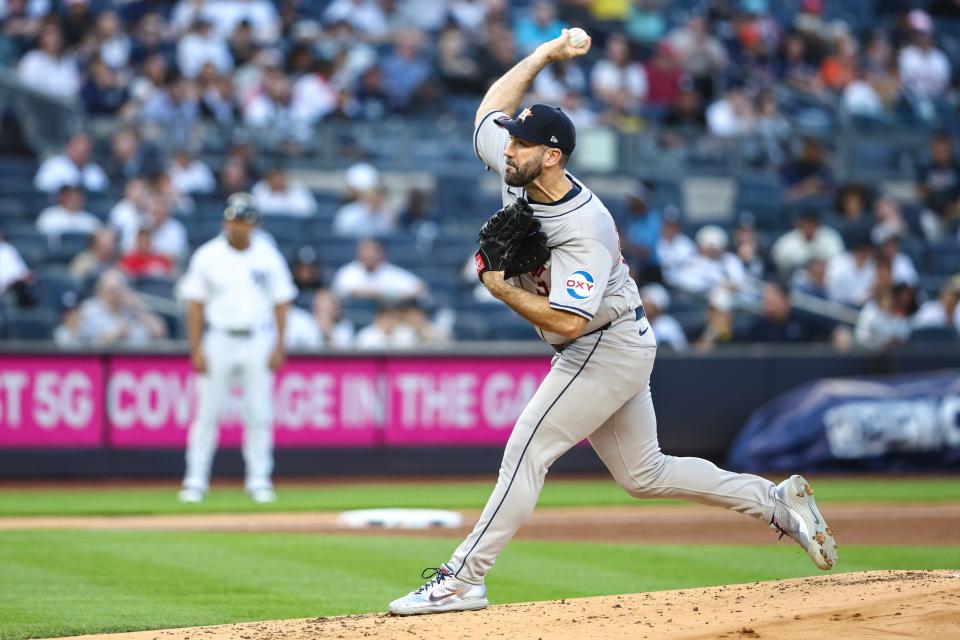 May 7, 2024; Bronx, New York, USA; Houston Astros starting pitcher Justin Verlander (35) pitches in the first inning against the New York Yankees at Yankee Stadium. Mandatory Credit: Wendell Cruz-USA TODAY Sports