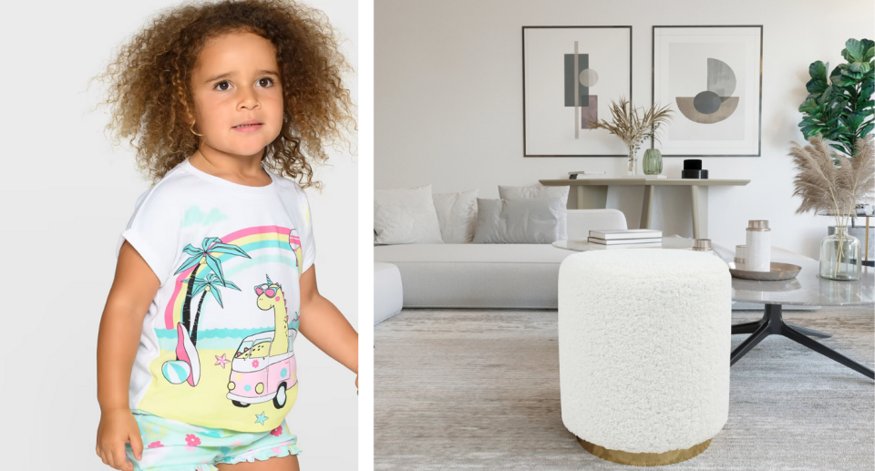 A little girl stands in Kombi and giraffe t-shirt and shorts at left while at right is a scene of modern lounge room in cream and grey tones.