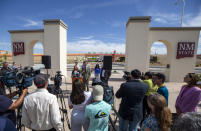 Attorneys Ramez Shamieh, center right, and Joleen Youngers, center left, that represent former New Mexico State NCAA college basketball players Deuce Benjamin and Shak Odunewu conduct a news conference in Las Cruces, N.M., Wednesday, May 3, 2023. Benjamin and Odunewu discussed the lawsuit they filed alleging teammates ganged up and sexually assaulted them multiple times, while their coaches and others at the school didn't act when confronted with the allegations. (AP Photo/Andres Leighton)