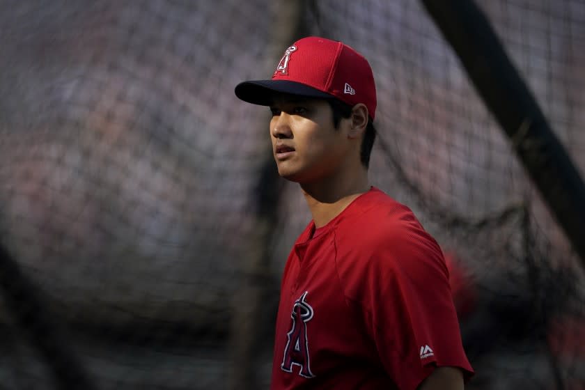 Los Angeles Angels' Shohei Ohtani takes batting practice before a baseball game between the San Francisco Giants and the Angels in San Francisco, Thursday, Aug. 20, 2020. (AP Photo/Jeff Chiu)