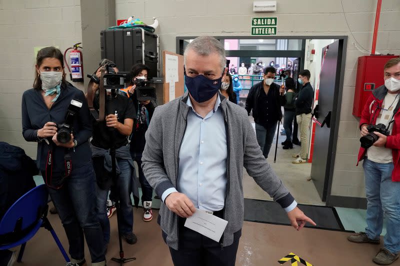 Basque premier Inigo Urkullu arrives to vote during the Basque regional elections, amid the coronavirus disease (COVID-19) outbreak, in Durango