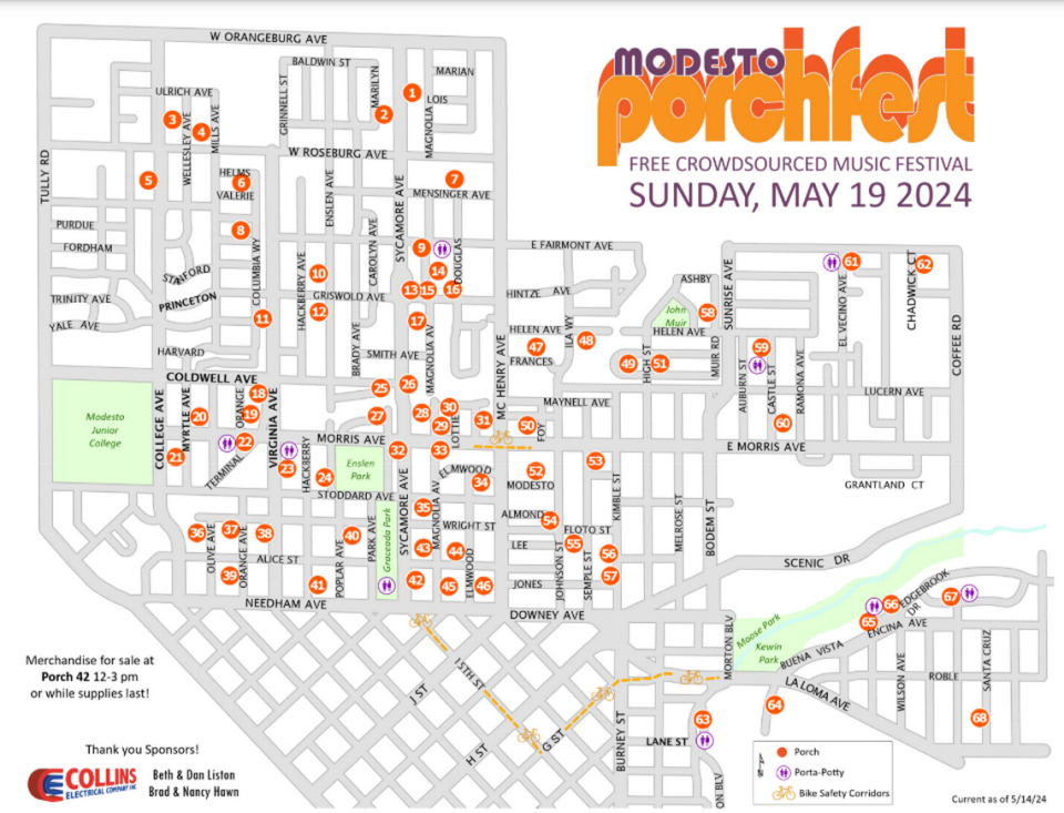 Map for Modesto Porchfest 2024. The event is on Sunday, May 19.