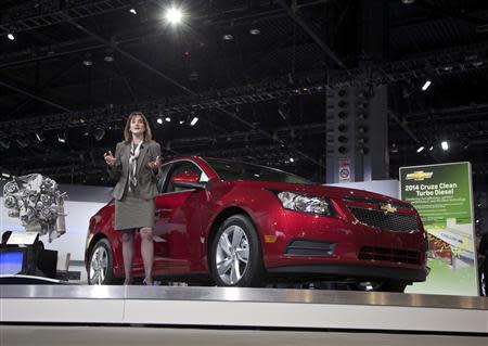 Cristi Landy, Chevrolet marketing director for small cars speaks during the debut of the 2014 Chevy Cruze Clean Turbo Diesel at the Chicago Auto Show, in this file photo from February 7, 2013. REUTERS/John Gress/Files