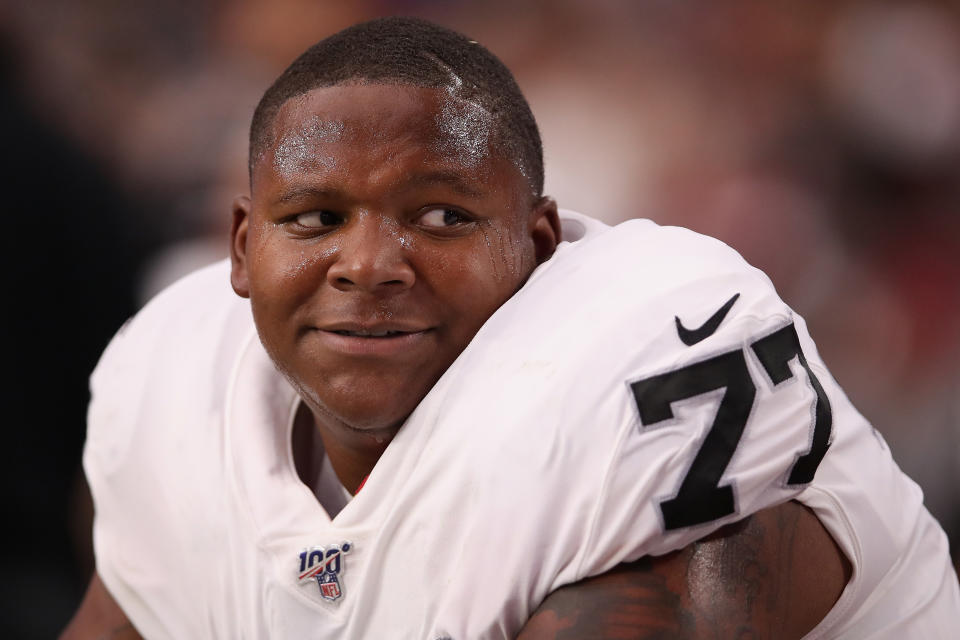 Raiders offensive tackle Trent Brown was accused of domestic violence in a civil lawsuit. (Getty Images)