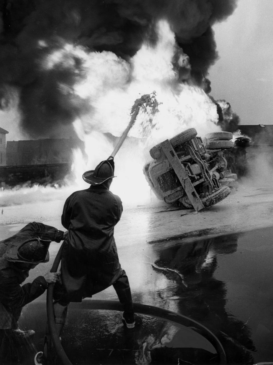 1963: An inferno raged out of control on the Washington Bridge when a tanker truck filled with gasoline collided with another fuel truck, which resulted in an explosion. The bridge was closed for five hours during the height of the morning commute, spawning what The Journal referred to as "the worst traffic jam in Rhode Island history."