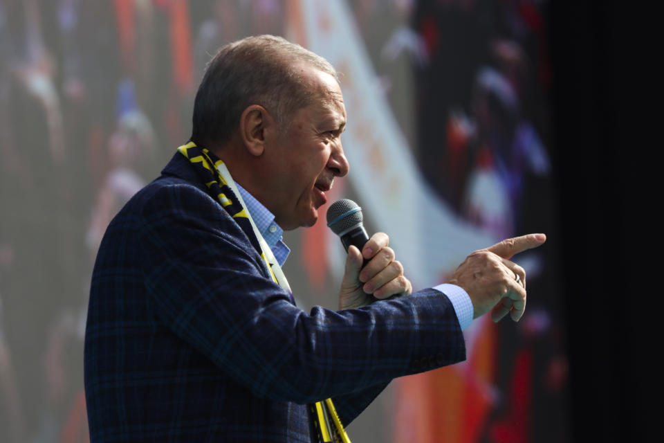 Turkish President and People's Alliance's presidential candidate Recep Tayyip Erdogan gives a speech during an election campaign rally in Ankara, Sunday, April 30, 2023. Turkey is heading toward presidential and parliamentary elections on Sunday May 14, 2023.(AP Photo/Ali Unal)