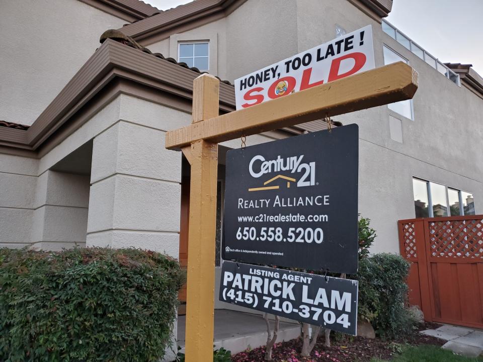 Close-up of realty sign from Century 21 in front of home for sale in the San Francisco Bay Area, San Ramon, California, December 16, 2019. (Photo by Smith Collection/Gado/Getty Images)