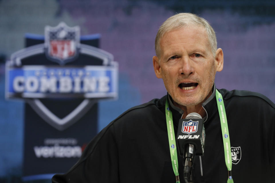 FILE - In this Feb. 25, 2020, file photo, Las Vegas Raiders general manager Mike Mayock speaks during a news conference at the NFL football scouting combine in Indianapolis. Las Vegas Raiders general manager Mike Mayock says the “jury is still out” on whether highly paid right tackle Trent Brown will be back in 2021 after being limited by injuries in his first two seasons with the team. (AP Photo/Charlie Neibergall, File)