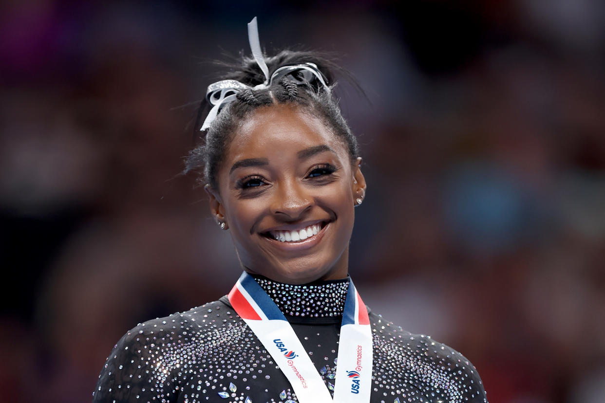 SAN JOSE, CALIFORNIA - AUGUST 27: Simone Biles celebrates after placing first in the floor exercise competition on day four of the 2023 U.S. Gymnastics Championships at SAP Center on August 27, 2023 in San Jose, California. (Photo by Ezra Shaw/Getty Images)
