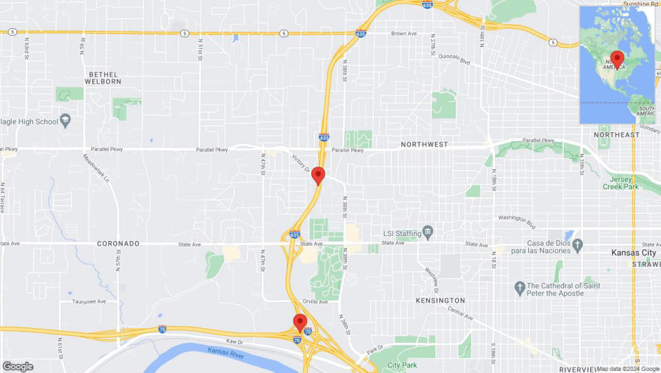 A detailed map that shows the affected road due to 'Heavy rain prompts traffic warning on southbound I-635 in Kansas City' on May 19th at 10:53 p.m.