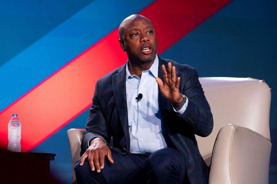 PHOTO: FILE - Senator and Republican presidential candidate Tim Scott speaks in Atlanta, Aug. 18, 2023. (Cheney Orr/Reuters, FILE)