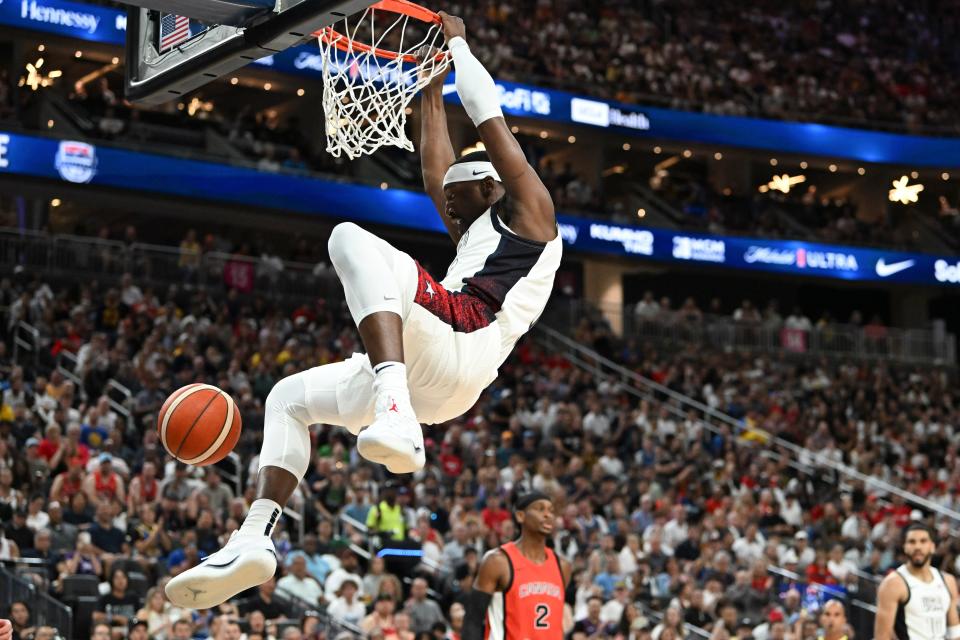 USA forward Bam Adebayo dunks on Canada in the first quarter at T-Mobile Arena.
