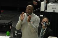 Atlanta Hawks head coach Nate McMillan reacts during the second half of Game 1 of the NBA Eastern Conference basketball finals game against the Milwaukee Bucks Wednesday, June 23, 2021, in Milwaukee. (AP Photo/Morry Gash)