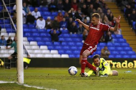 Britain Football Soccer - Birmingham City v Middlesbrough - Sky Bet Football League Championship - St Andrews - 29/4/16 Middlesbrough's Jordan Rhodes scores their first goal Mandatory Credit: Action Images / Andrew Boyers Livepic