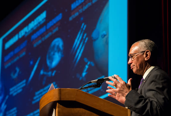 NASA Administrator Charles Bolden delivers the opening keynote address at the Humans to Mars Summit on April 22, 2014 at George Washington University in Washington, DC. Administrator Bolden spoke of NASA's path to the human exploration of Mars